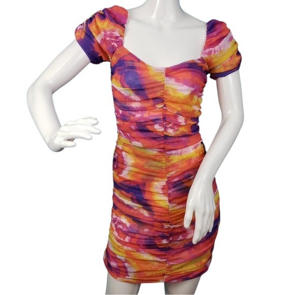Urban Outfitters UO Tie Dye Rouched Mini Dress Puff Sleeves New Size S - Picture 15 of 15